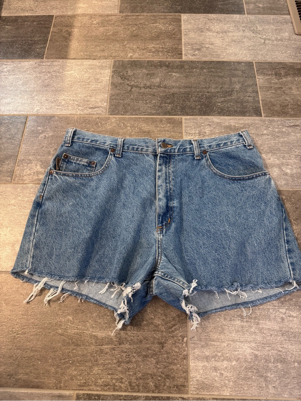 Timberland men’s Blue Denim Cutoff Shorts with Frayed Hem, vintage
